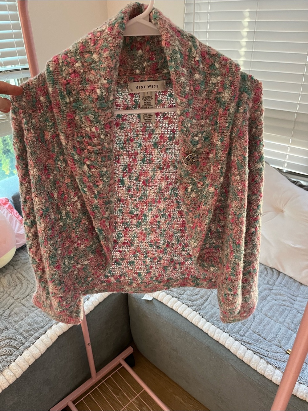 Nine West Pink Green Multicolor Bouclé Cardigan
